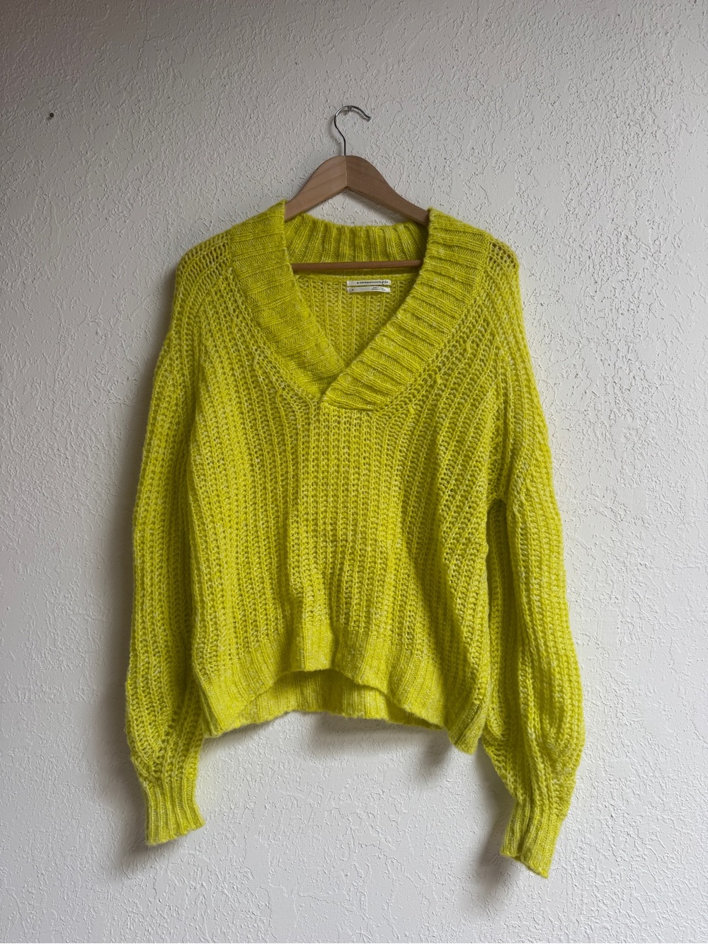 Anthropologie Neon Yellow V-Neck Chunky Knit Sweater